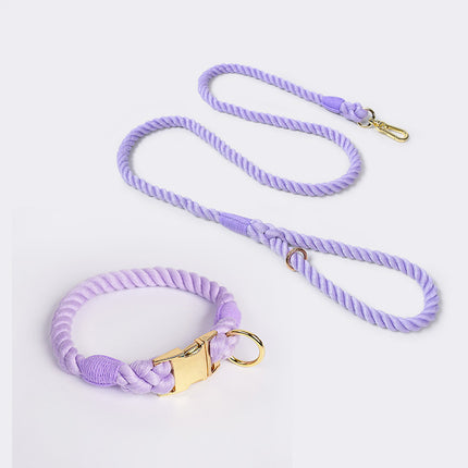 Handmade Rope Dog Collar and Leash Set - Colorful Woven Cotton Cotton (Purple - Size M).