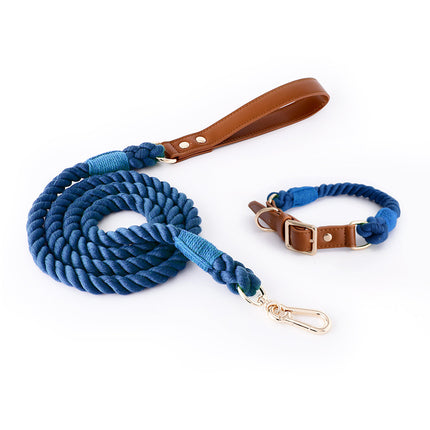 Premium Leather Pet Collar and Leash - Soft, Strong Braided Rope (Navy blue - Size M).