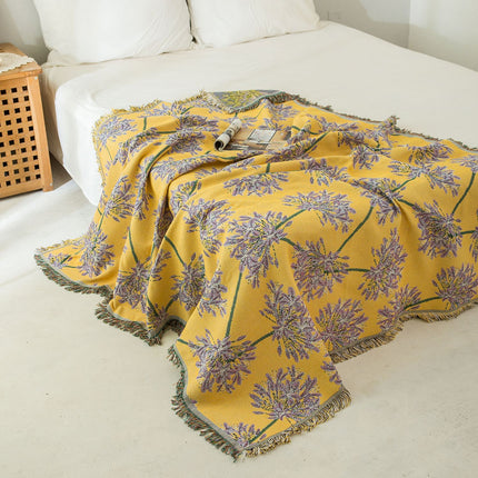 Yellow & Purple  Floral Woven Throw Blanket -  Chic Botanical Print with Tassels, Cotton Blend Sofa & Bed Cover.