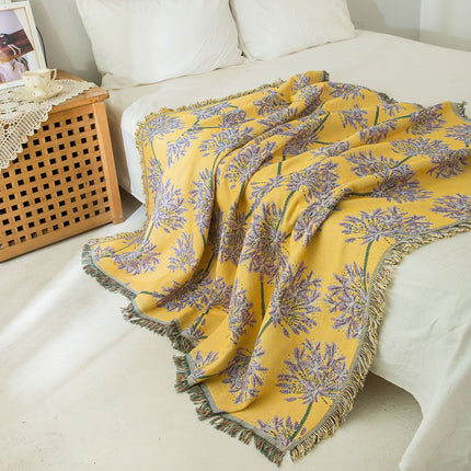 Yellow & Purple  Floral Woven Throw Blanket -  Chic Botanical Print with Tassels, Cotton Blend Sofa & Bed Cover.
