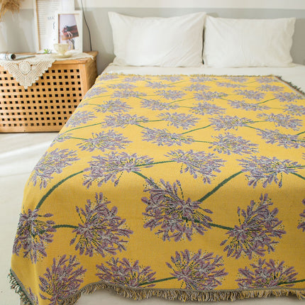 Yellow & Purple  Floral Woven Throw Blanket -  Chic Botanical Print with Tassels, Cotton Blend Sofa & Bed Cover.