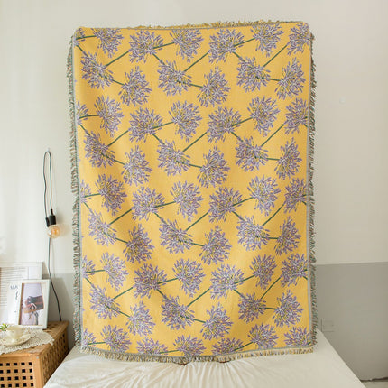 Yellow & Purple  Floral Woven Throw Blanket -  Chic Botanical Print with Tassels, Cotton Blend Sofa & Bed Cover.