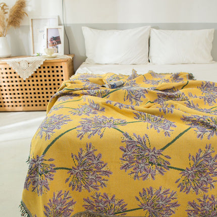 Yellow & Purple  Floral Woven Throw Blanket -  Chic Botanical Print with Tassels, Cotton Blend Sofa & Bed Cover.
