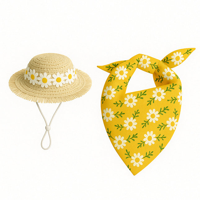 2 Sets Khaki and Yellow Daisy Delight Porch Goose & Small Pet Costume - 2 Summer Straw Hat & 2 Floral Bandana Set.