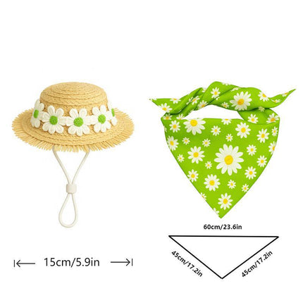 2 Sets Khaki and Yellow Daisy Delight Porch Goose & Small Pet Costume - 2 Summer Straw Hat & 2 Floral Bandana Set.