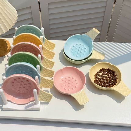 2 Pcs Yellow Adorable Ice Cream Cone Ceramic Slow Feeder Pet Bowl - Fun Anti-Gulp Design for Cats & Dogs.