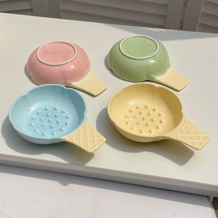 2 Pcs Yellow Adorable Ice Cream Cone Ceramic Slow Feeder Pet Bowl - Fun Anti-Gulp Design for Cats & Dogs.