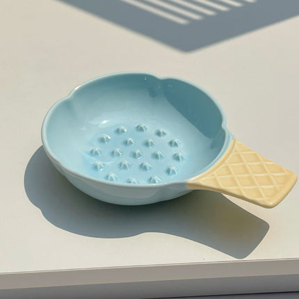 2 Pcs Blue and Yellow Adorable Ice Cream Cone Ceramic Slow Feeder Pet Bowl - Fun Anti-Gulp Design for Cats & Dogs.