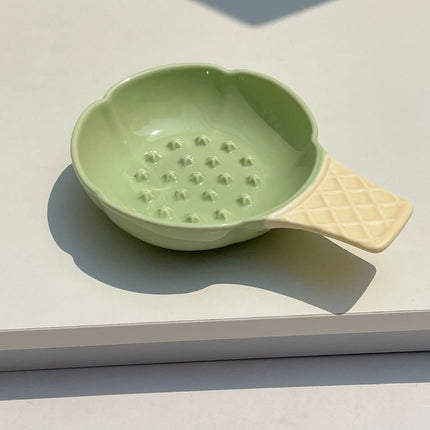 2 Pcs Green and Yellow Adorable Ice Cream Cone Ceramic Slow Feeder Pet Bowl - Fun Anti-Gulp Design for Cats & Dogs.