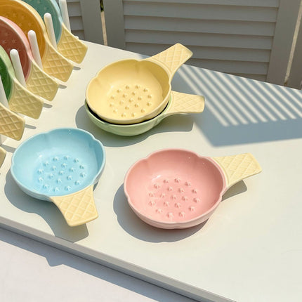 2 Pcs Green and Yellow Adorable Ice Cream Cone Ceramic Slow Feeder Pet Bowl - Fun Anti-Gulp Design for Cats & Dogs.