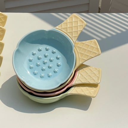 2 Pcs Green and Yellow Adorable Ice Cream Cone Ceramic Slow Feeder Pet Bowl - Fun Anti-Gulp Design for Cats & Dogs.