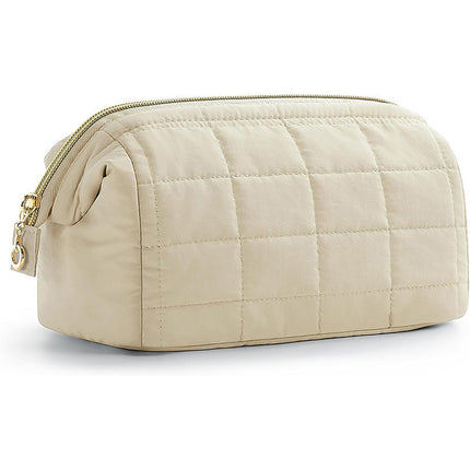 Beige Chic Quilted Puffer Makeup Bag - Large Capacity Travel Cosmetic Organizer with Wide Opening.