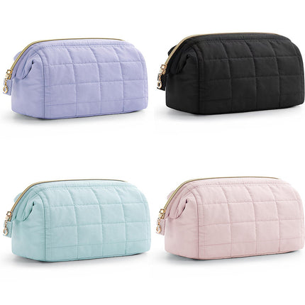 Beige Chic Quilted Puffer Makeup Bag - Large Capacity Travel Cosmetic Organizer with Wide Opening.