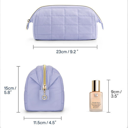 Beige Chic Quilted Puffer Makeup Bag - Large Capacity Travel Cosmetic Organizer with Wide Opening.