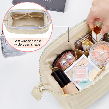 Beige Chic Quilted Puffer Makeup Bag - Large Capacity Travel Cosmetic Organizer with Wide Opening.