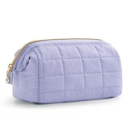 Purple Chic Quilted Puffer Makeup Bag - Large Capacity Travel Cosmetic Organizer with Wide Opening.