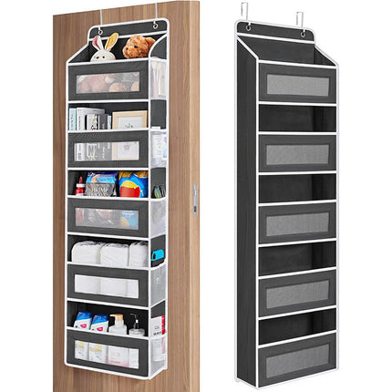 Black Heavy Duty 5-Tier Over-The-Door Hanging Organizer - Space-Saving Storage with Clear Windows & Mesh Pockets.