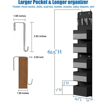 Black Heavy Duty 5-Tier Over-The-Door Hanging Organizer - Space-Saving Storage with Clear Windows & Mesh Pockets.