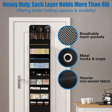 Black Heavy Duty 5-Tier Over-The-Door Hanging Organizer - Space-Saving Storage with Clear Windows & Mesh Pockets.