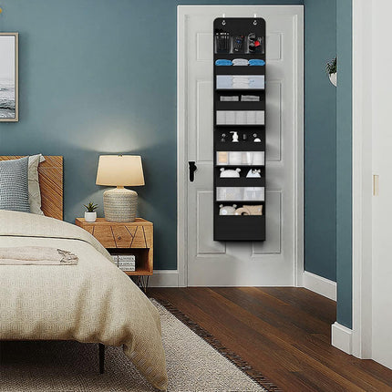 Black Heavy Duty 5-Tier Over-The-Door Hanging Organizer - Space-Saving Storage with Clear Windows & Mesh Pockets.