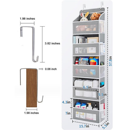 Grey Heavy Duty 5-Tier Over-The-Door Hanging Organizer - Space-Saving Storage with Clear Windows & Mesh Pockets.