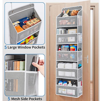 Grey Heavy Duty 5-Tier Over-The-Door Hanging Organizer - Space-Saving Storage with Clear Windows & Mesh Pockets.