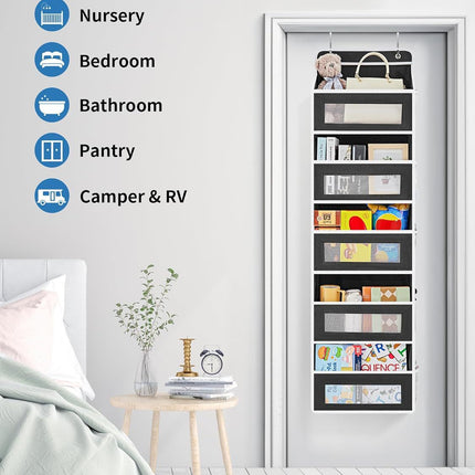 Grey Heavy Duty 5-Tier Over-The-Door Hanging Organizer - Space-Saving Storage with Clear Windows & Mesh Pockets.