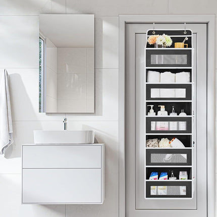 Grey Heavy Duty 5-Tier Over-The-Door Hanging Organizer - Space-Saving Storage with Clear Windows & Mesh Pockets.