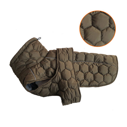 Size S Olive Green Warm Quilted Dog Winter Coat - Adjustable Fleece-Lined Puffer Vest with Reflective Trim & Leash Port.