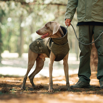 Size S Olive Green Warm Quilted Dog Winter Coat - Adjustable Fleece-Lined Puffer Vest with Reflective Trim & Leash Port.