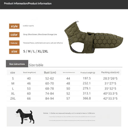 Size S Olive Green Warm Quilted Dog Winter Coat - Adjustable Fleece-Lined Puffer Vest with Reflective Trim & Leash Port.