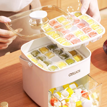 Green Innovative Press-Release Ice Cube Maker - Dual Layer Trays & Storage Bin (48 Cubes).