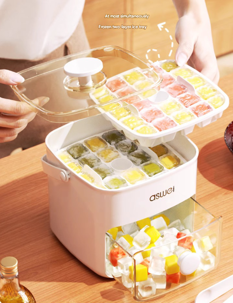 Green Innovative Press-Release Ice Cube Maker - Dual Layer Trays & Storage Bin (48 Cubes).