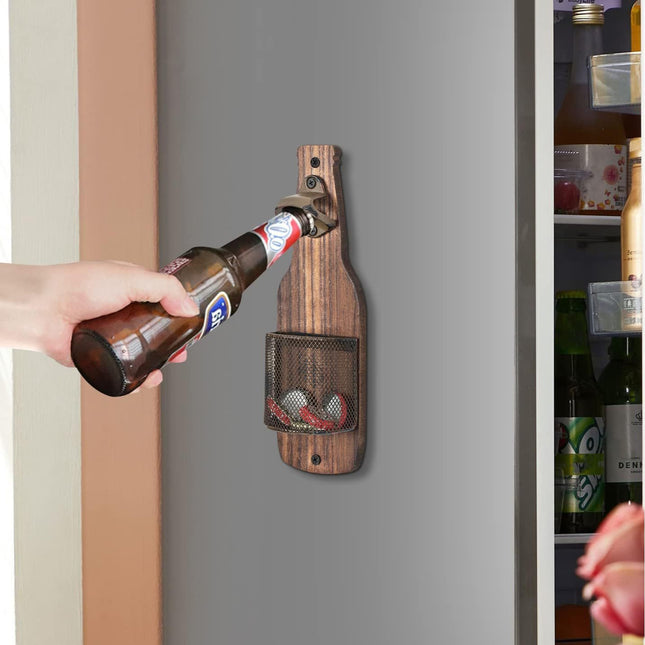 Brown Rustic Wooden Wall-Mounted Bottle Opener with Cap Catcher - Vintage Beer Opener for Bar & Kitchen.