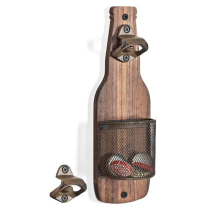 Brown Rustic Wooden Wall-Mounted Bottle Opener with Cap Catcher - Vintage Beer Opener for Bar & Kitchen.