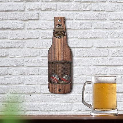Brown Rustic Wooden Wall-Mounted Bottle Opener with Cap Catcher - Vintage Beer Opener for Bar & Kitchen.