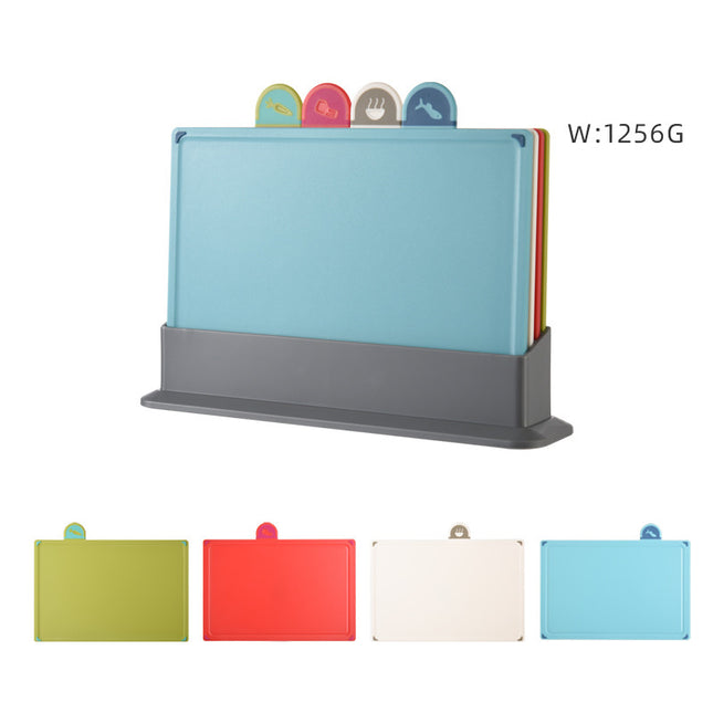 Coloerful 4-Piece Colour-Coded Index Cutting Board Set with Storage Stand - Food-Safe PP, Non-Slip, Easy Clean Kitchen Chopping Boards.