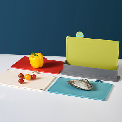 Coloerful 4-Piece Colour-Coded Index Cutting Board Set with Storage Stand - Food-Safe PP, Non-Slip, Easy Clean Kitchen Chopping Boards.