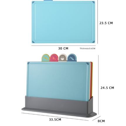 Coloerful 4-Piece Colour-Coded Index Cutting Board Set with Storage Stand - Food-Safe PP, Non-Slip, Easy Clean Kitchen Chopping Boards.