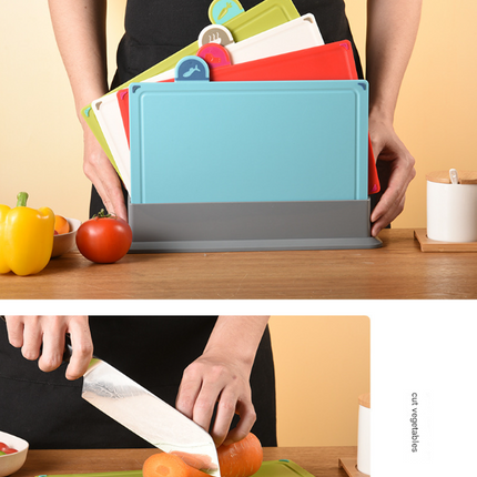 Coloerful 4-Piece Colour-Coded Index Cutting Board Set with Storage Stand - Food-Safe PP, Non-Slip, Easy Clean Kitchen Chopping Boards.