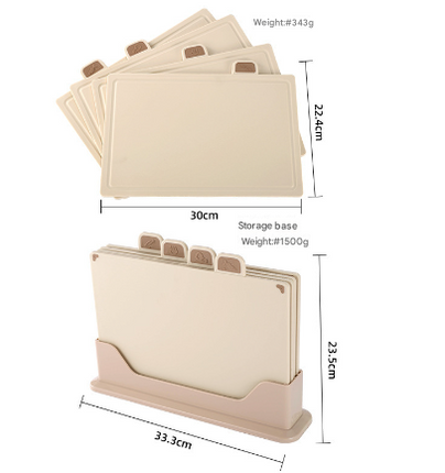 Beige 4-Piece Index Cutting Board Set with Ventilated Storage Stand - Food-Safe PP Kitchen Chopping Boards.
