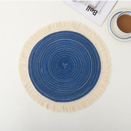 Blue Chic Round Woven Placemats with Tassel Fringe - Set of 4, Cotton Ramie Blend, Heat Resistant Table Mats.