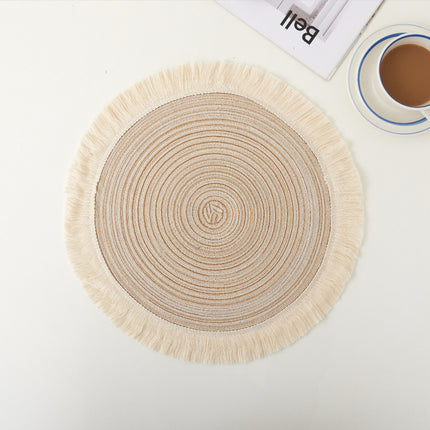 Beige Chic Round Woven Placemats with Tassel Fringe - Set of 4, Cotton Ramie Blend, Heat Resistant Table Mats.