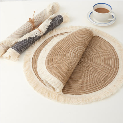 Beige Chic Round Woven Placemats with Tassel Fringe - Set of 4, Cotton Ramie Blend, Heat Resistant Table Mats.