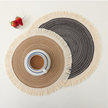 Beige Chic Round Woven Placemats with Tassel Fringe - Set of 4, Cotton Ramie Blend, Heat Resistant Table Mats.