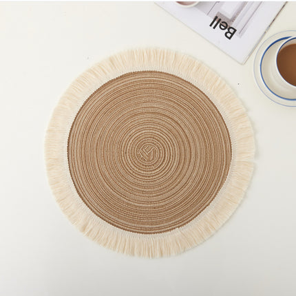 Brown Chic Round Woven Placemats with Tassel Fringe - Set of 4, Cotton Ramie Blend, Heat Resistant Table Mats.