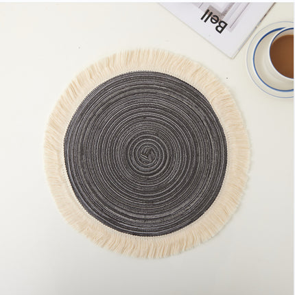 Grey Chic Round Woven Placemats with Tassel Fringe - Set of 4, Cotton Ramie Blend, Heat Resistant Table Mats.