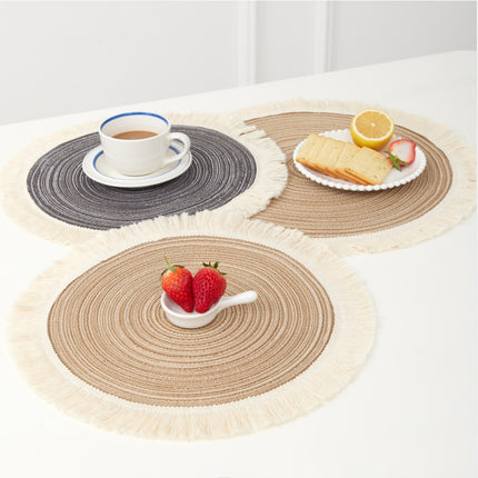 Grey Chic Round Woven Placemats with Tassel Fringe - Set of 4, Cotton Ramie Blend, Heat Resistant Table Mats.