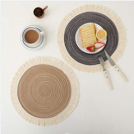 Grey Chic Round Woven Placemats with Tassel Fringe - Set of 4, Cotton Ramie Blend, Heat Resistant Table Mats.