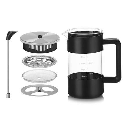 Black Classic 1000ml French Press Coffee & Tea Maker - Heat Resistant Borosilicate Glass, Stainless Steel Filter.